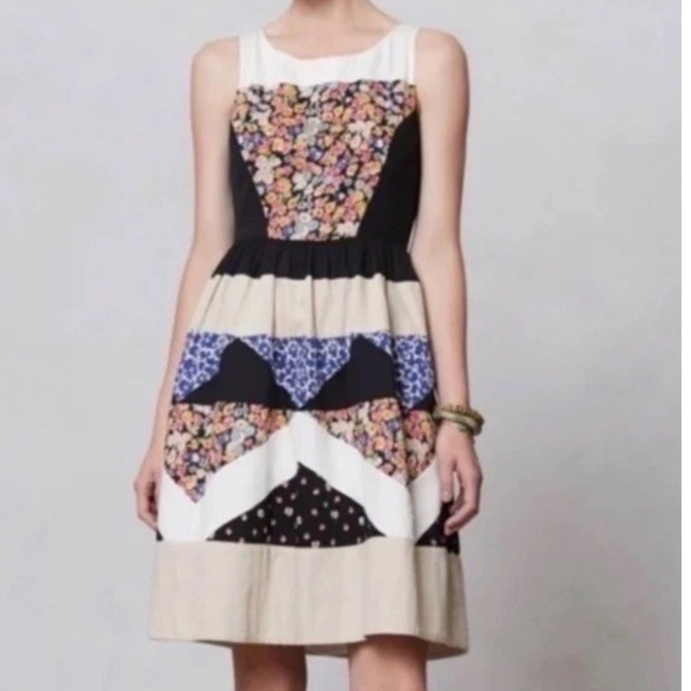 Leifnotes Anthropologie Mixed Print Patchwork Cutout Back Fit Flare Dress Multi